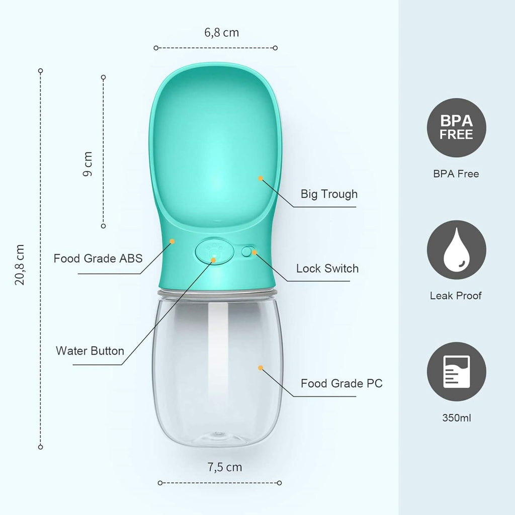 Portable Leak-Proof Dog Water Bottle with Drinking Feeder for Travel - 12oz Teal